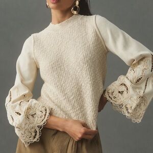 Anthropologie Cream Textured Blouse with Lace Sleeves